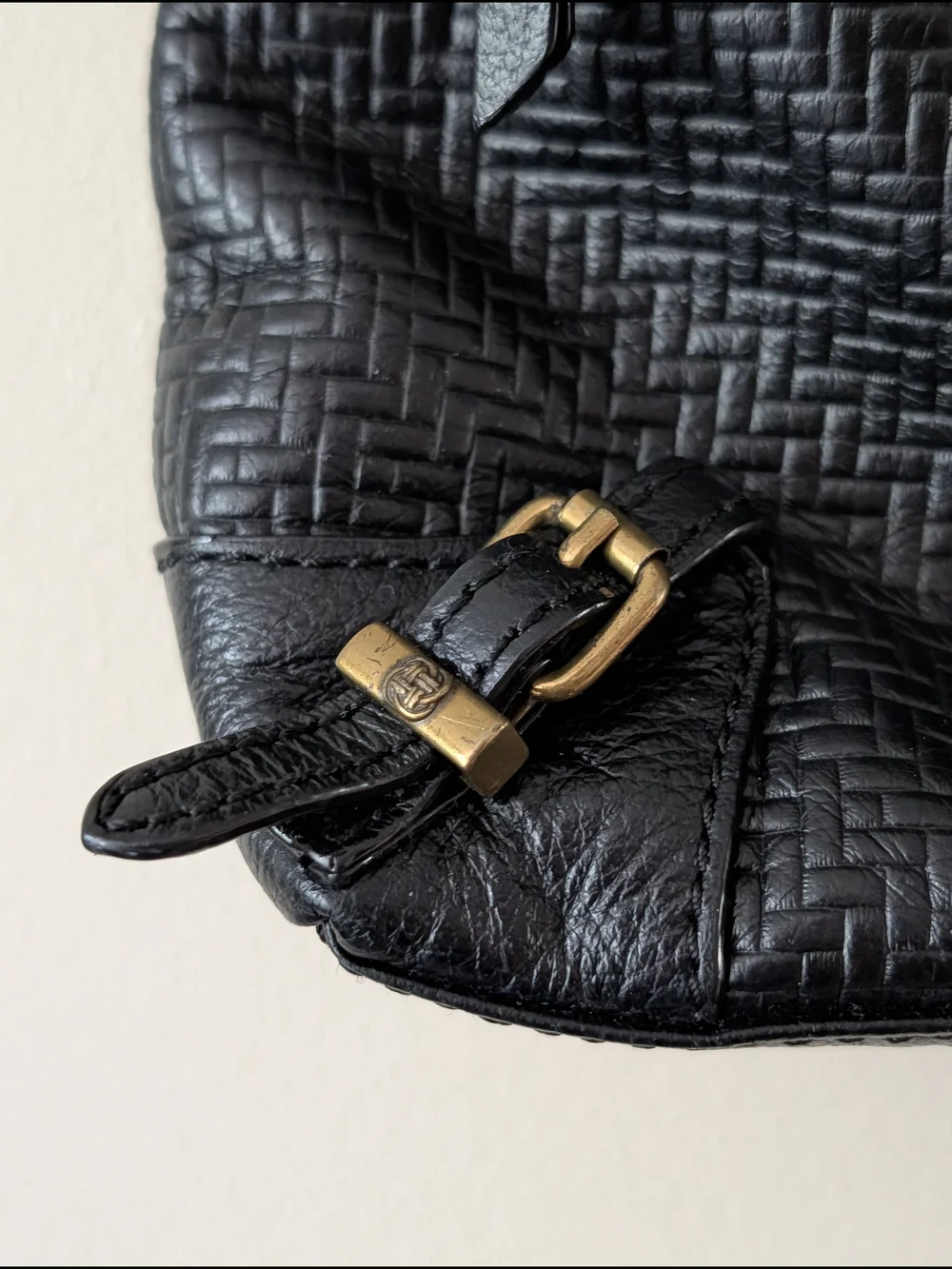 Elliott Lucca Black Leather Crossbody Bag with Gold Hardware